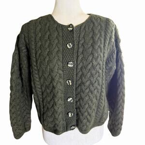 Carraig Donn 100% Irish Merino Wool Women's Cardigan Cableknit Sweater Green M